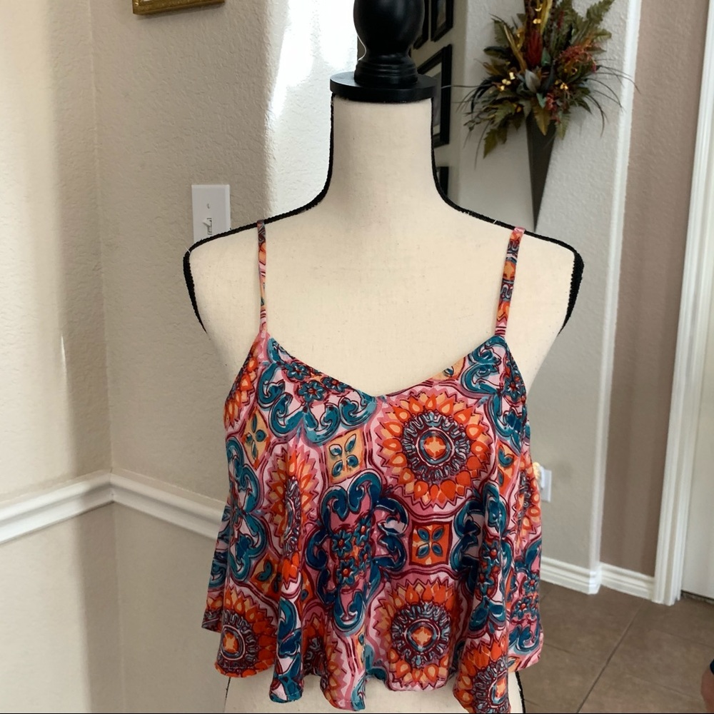 Angie orange, green, pink fliral print cropped top Size M